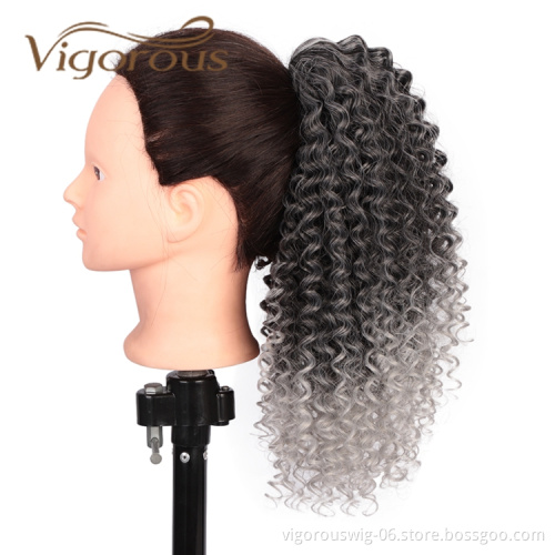 Vigorous Top Quality Cheap Supplier Kinky Curly Ombre Grey Updo Puff Hair Piece Drawstring Synthetic Ponytail Hair Extension